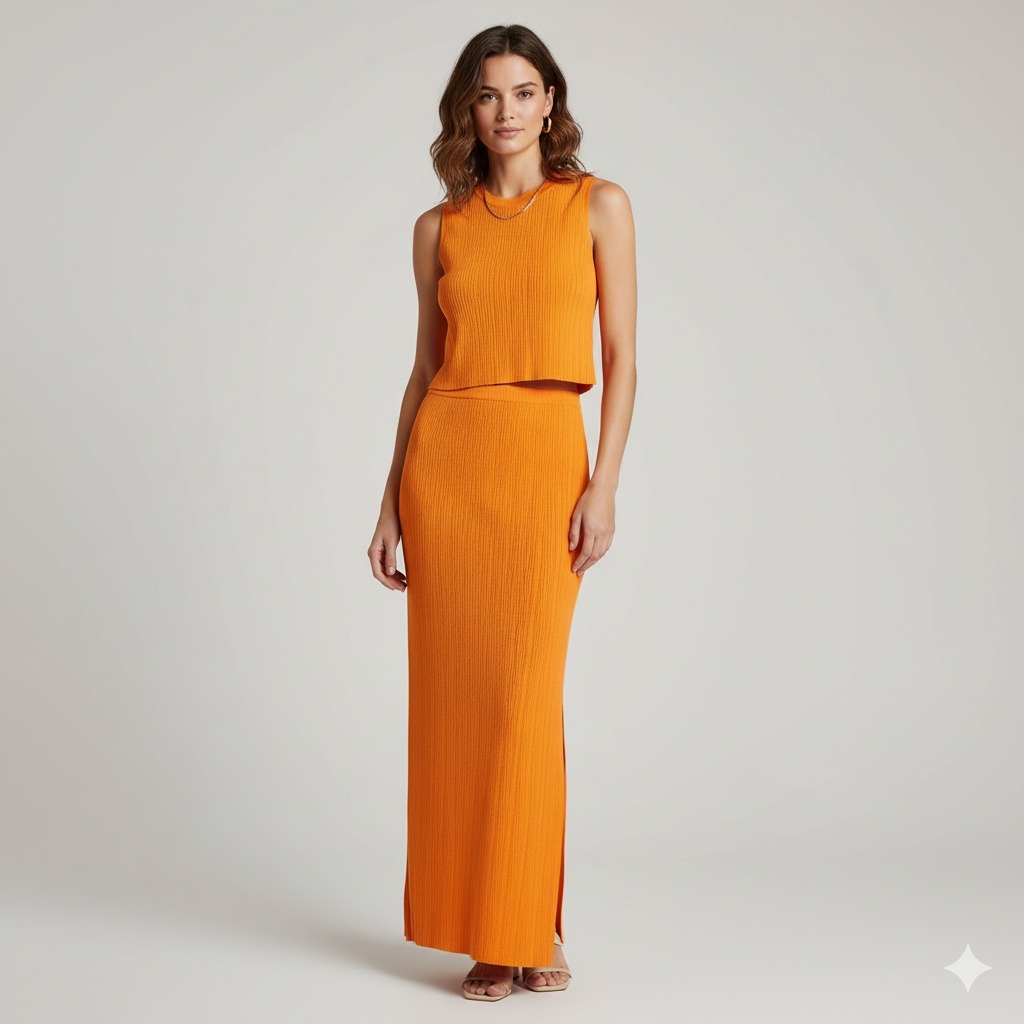 Frame Orange Ribbed Cutout Tank Top Maxi Skirt Set L/G Nwt